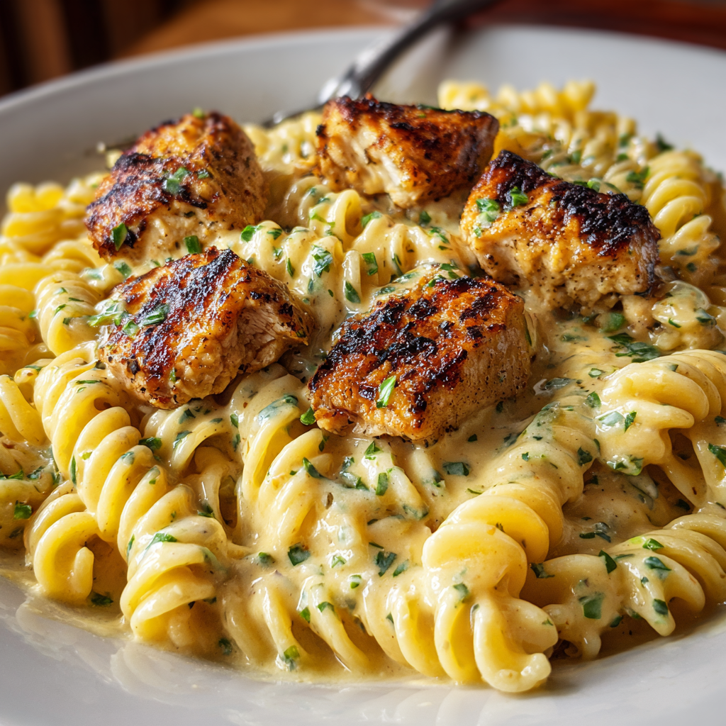 Creamy Garlic Parmesan Chicken with Cheesy Twisted Pasta Recipe - Recipe Image