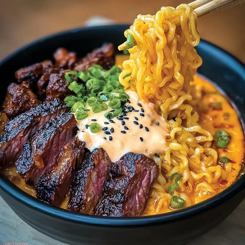 Spicy Korean Ramen with Grilled Beef & Creamy Sauce Recipe - Recipe Image