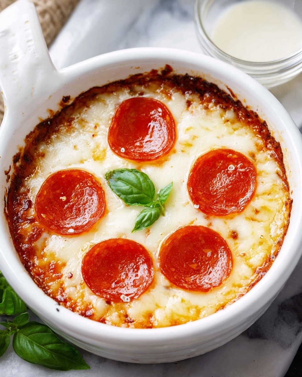 A round dish with two handles holds a baked pizza dip with three visible layers: the bottom layer is a thick reddish-orange tomato sauce with spices, the middle layer is a smooth and gooey white melted cheese spread evenly across the dish, and the top layer has five bright red pepperoni slices placed evenly, with a small fresh green basil leaf in the center for garnish. The dish sits on a white marbled surface next to a small glass bowl filled with creamy white sauce that has a slightly chunky texture, and a striped cloth is placed nearby. Photo taken with an iphone --ar 4:5 --v 7