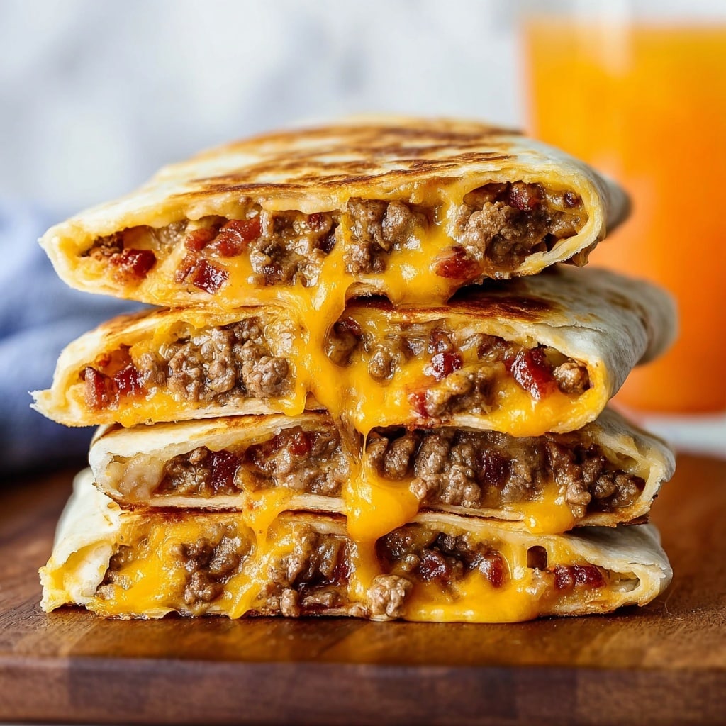 The image shows a close-up of three stacked quesadilla halves with three main layers: the outer layer is a light golden-brown, slightly crispy tortilla; inside, there is a thick, crumbly layer of cooked ground beef with bits of red bacon pieces; melted bright orange cheddar cheese is oozing between the meat and the tortilla, adding a gooey texture. The quesadillas are placed on a smooth wooden surface with a blurred white marbled background and an orange drink on the side. Photo taken with an iphone --ar 4:5 --v 7