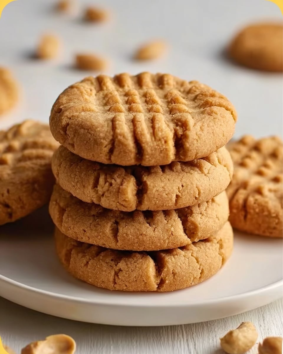 A white plate holds a pile of six round peanut butter cookies with a light brown color and a crisscross fork pattern pressed into the top of each cookie. The cookies have a slightly cracked texture and appear soft and crumbly. Around the plate, there are scattered peanuts and some cookie crumbs on a white marbled surface, adding detail to the setting. The photo is focused on the front cookies, with the background softly blurred. photo taken with an iphone --ar 4:5 --v 7