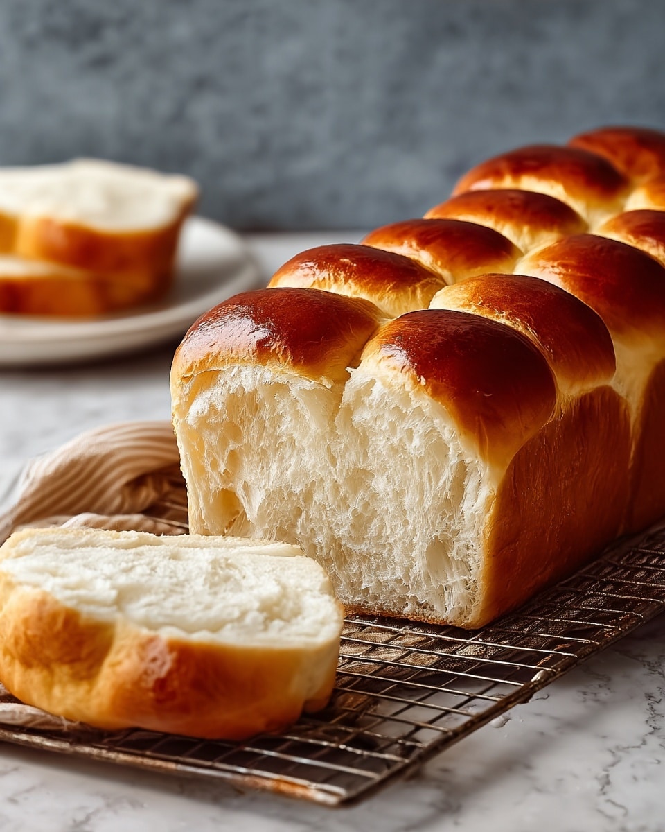 A loaf of soft bread is shown with a golden brown top that shines slightly, made of nine small connected round shapes. The bread's inside is fluffy and white with a light, airy texture. Two thick slices are cut and placed in front of the loaf, showing the white inner layer and the golden bottom crust. The loaf sits on a metal cooling rack on a white marbled texture. In the background, a white plate with a single piece of bread on it is blurred. photo taken with an iphone --ar 4:5 --v 7