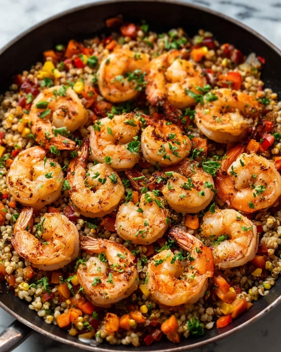 A black pan filled with a base layer of light beige quinoa mixed with small pieces of colorful vegetables like orange carrots, green herbs, and some red bits. On top, there is a layer of cooked shrimp with an orange and white color, each shrimp showing black grill marks and sprinkled with fresh green chopped herbs, giving a fresh look. The shrimp are evenly spaced across the quinoa, creating a textured mix of colors and shapes. The photo is clear and sharp, showing a warm and inviting meal on a white marbled surface. photo taken with an iphone --ar 4:5 --v 7