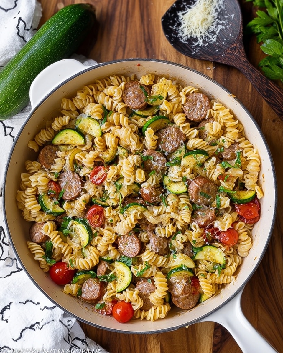 A white pot filled with a colorful pasta dish that has three main layers: the bottom layer is light tan, wavy pasta; on top of that are thick slices of browned sausage and bright green, chunky zucchini pieces; scattered throughout are halved shiny red cherry tomatoes. The dish is sprinkled with finely chopped green herbs and a light dusting of grated cheese. The pot is on a wooden surface with a black spoon holding some grated cheese beside it and a green zucchini and white cloth nearby. The background is replaced with a white marbled texture. photo taken with an iphone --ar 4:5 --v 7