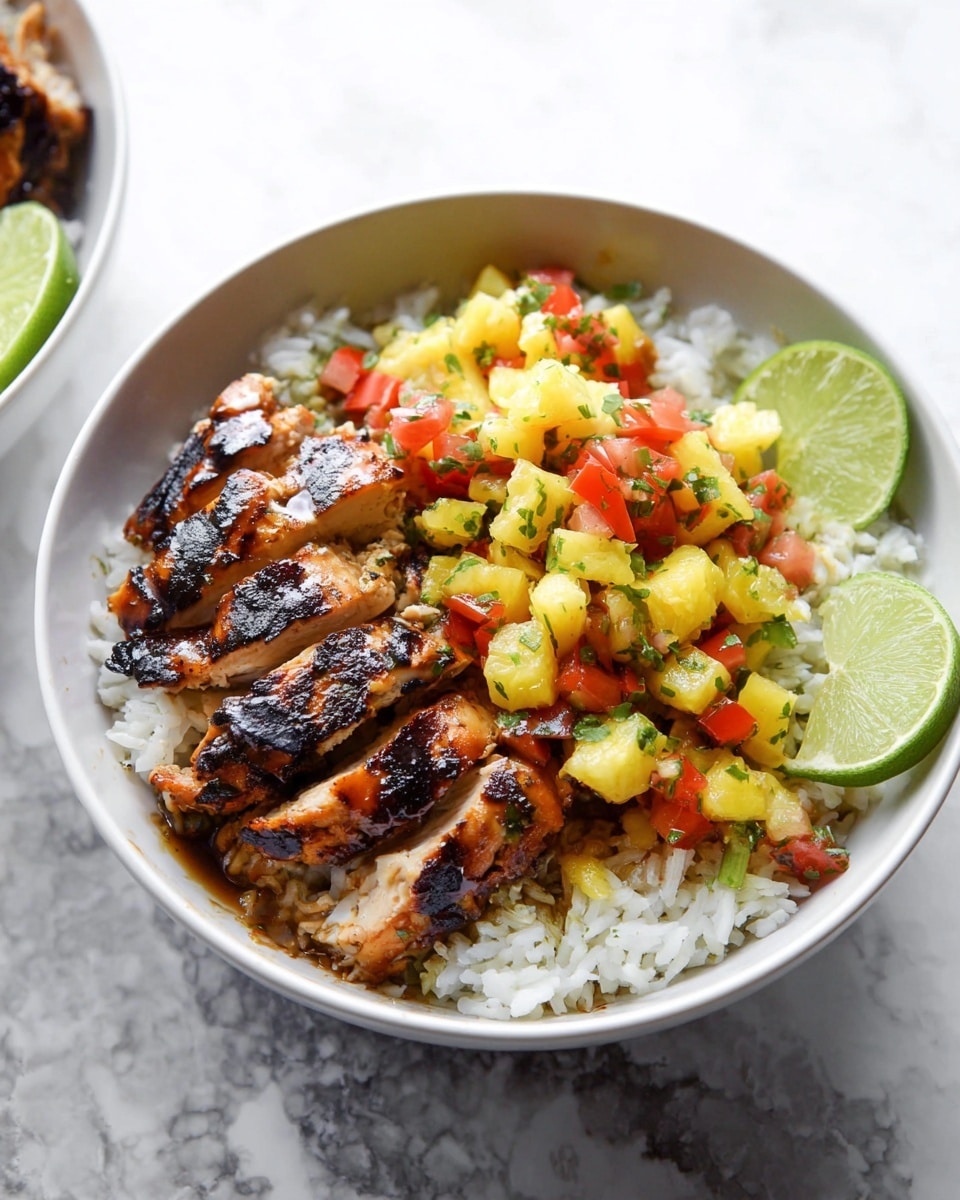 A white bowl filled with three main layers is shown: the bottom layer is white rice with a soft, fluffy texture; on top of the rice, there is a layer of grilled chicken pieces with charred grill marks and a glazed shiny brown sauce. The top layer is a colorful salsa made with small chunks of yellow pineapple, red tomatoes, and green herbs, adding bright color and freshness. Two lime wedges are placed on the edge of the bowl, all set against a white marbled surface. Photo taken with an iphone --ar 4:5 --v 7