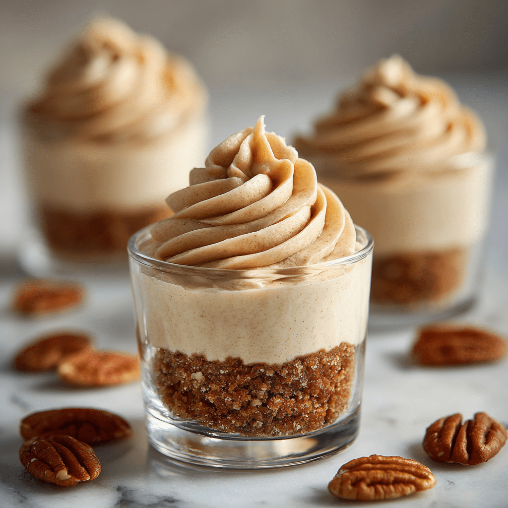 A clear glass dessert cup holds a two-layer treat; the bottom layer is a crumbly, brown crust made from crushed nuts or cookies, filling about one-third of the cup. On top, there is a thick, creamy, beige mousse or whipped topping with a smooth and fluffy texture that is piped in swirled peaks, filling the rest of the cup. The background shows more similar glass cups with the same dessert, set on a white marbled surface scattered with whole pecans, adding a warm and natural touch. photo taken with an iphone --ar 4:5 --v 7