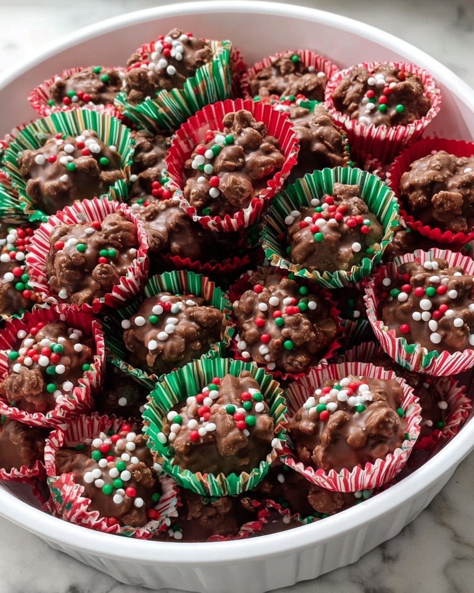 A large white round container filled with many small bite-sized treats, each placed in red, green, or red-and-white striped cupcake liners. The treats have a smooth, glossy layer of milk chocolate on top with tiny red, white, and green round sprinkles scattered over them. The surface of the treats is slightly uneven, showing a chunky texture beneath the chocolate layer. The container sits on a white marbled background, adding a bright and clean contrast to the colorful treats. Photo taken with an iphone --ar 4:5 --v 7
