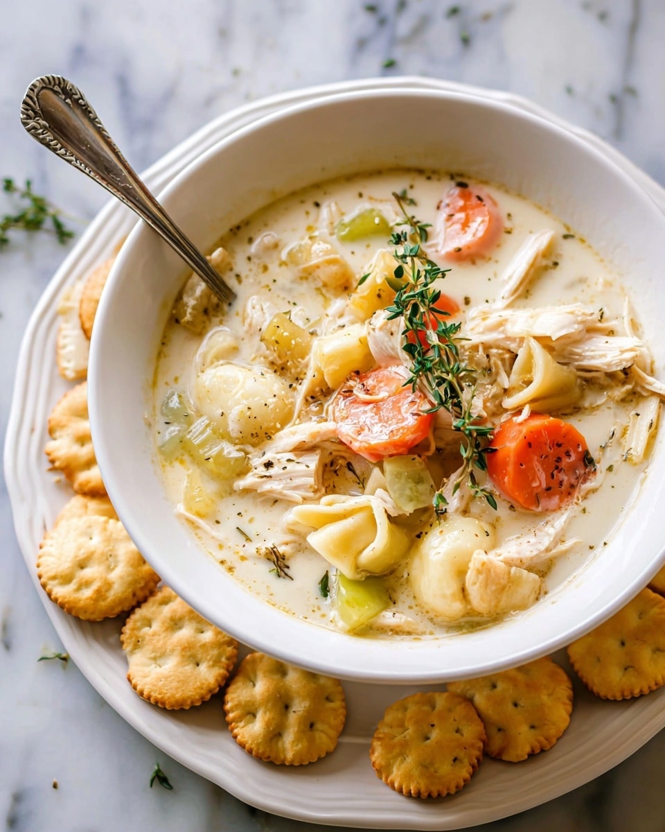 A white bowl filled with creamy chicken and vegetable soup sits on a white plate scattered with round, golden oyster crackers. The soup has several visible layers: shredded light brown chicken, thin slices of bright orange carrots, pale green celery pieces, and small off-white pasta shapes, all in a creamy white broth. A fresh sprig of green thyme rests on top, and a silver spoon is partially dipped into the soup, leaning against the bowl's edge. The scene is set on a white marbled surface. photo taken with an iphone --ar 4:5 --v 7