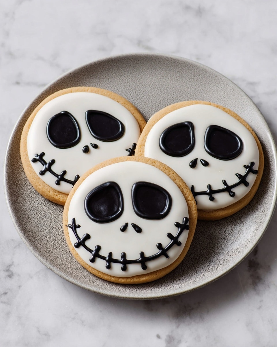 Three round cookies with light brown edges sit on a white plate with a gray texture. Each cookie has a smooth white icing covering the top, forming the base layer. On top, thick black icing creates big, oval eyes with a shiny look, small nose dots under the eyes, and wide smiles made of black lines with vertical stitches. White icing is also used to make raised eyebrows that look like curved bars on each eye. The plate is on a white marbled surface with soft, pale gray veins. Photo taken with an iphone --ar 4:5 --v 7