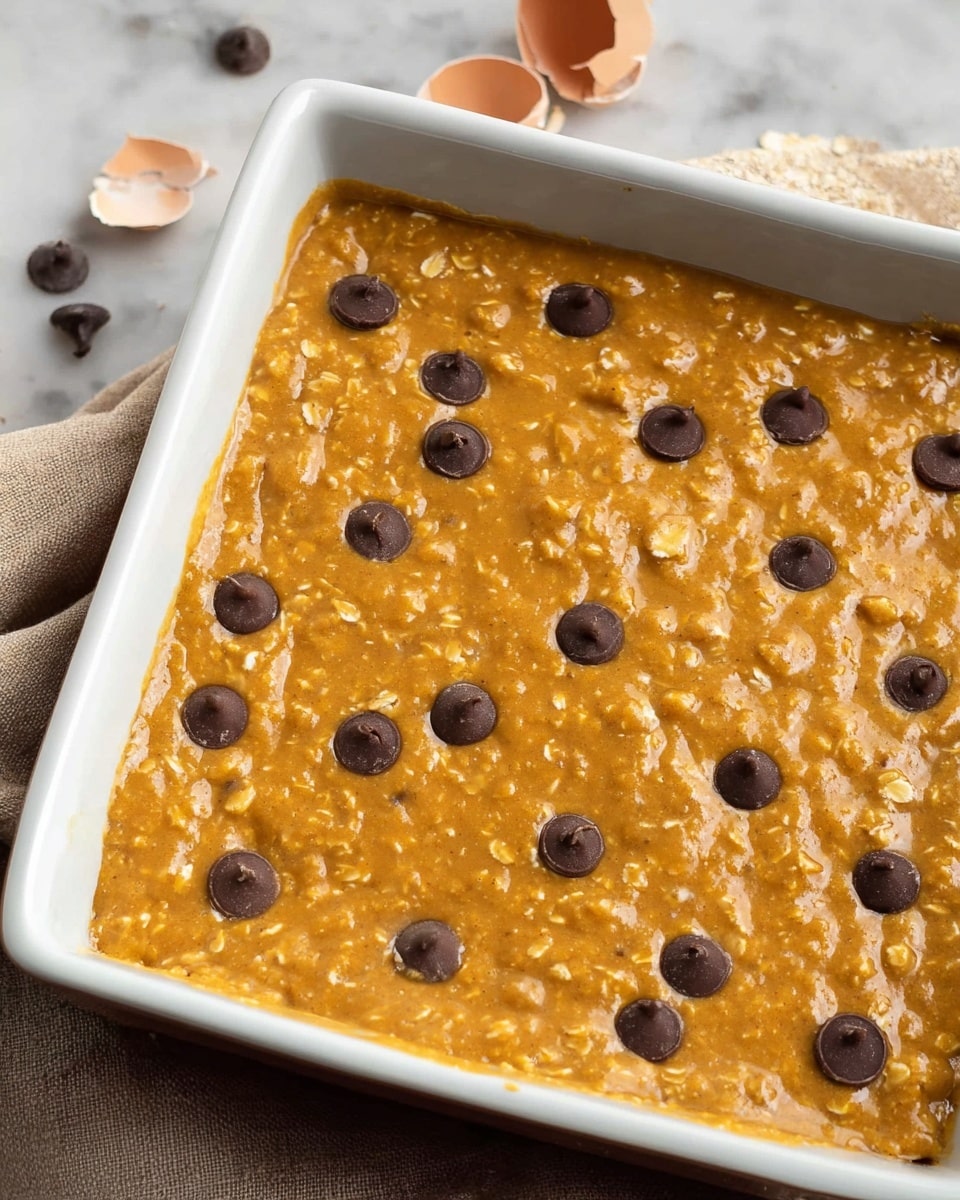 A close-up view of a white rectangular dish filled with one thick orange-brown layer of batter mixed with visible oats, topped with scattered dark brown chocolate chips across the surface. The dish sits on a soft beige cloth over a white marbled textured surface, with cracked eggshells placed nearby. The batter has a slightly bumpy texture with small bubbles, and the chocolate chips add a contrast of smooth, matte spots on top. photo taken with an iphone --ar 4:5 --v 7