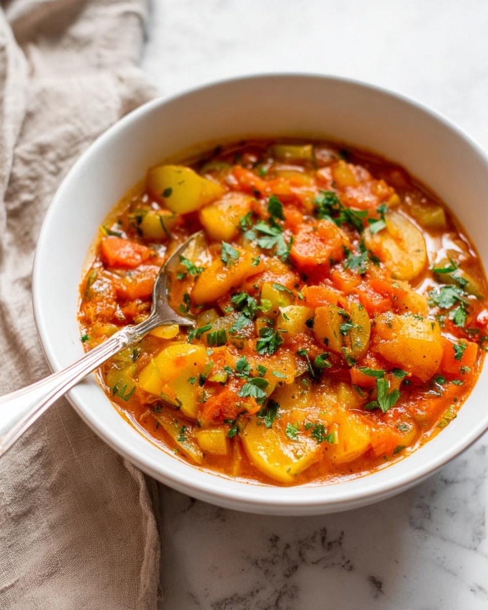 The image shows a white bowl filled with a thick vegetable stew that has several layers of ingredients. The bottom layer is a rich, orange-red tomato-based sauce. Mixed throughout are chunks of yellow squash with a soft texture, slices of orange carrots, and small pieces of white potatoes. Fresh green herbs are sprinkled on top, adding a pop of color against the warm tones of the stew. A silver spoon rests inside the bowl, partially submerged in the stew, catching light on its shiny surface. The bowl is placed on a white marbled textured surface with a light beige cloth in the background. Photo taken with an iphone --ar 4:5 --v 7
