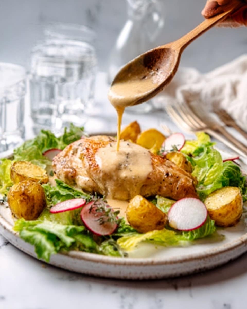 The image shows a white plate with a piece of cooked chicken placed in the center. The chicken is covered with a creamy beige sauce being poured from a wooden spoon held by a woman's hand above it. Around the chicken, there are small roasted potato pieces with golden brown skin. The plate has a bed of fresh green lettuce and slices of red radish near the edges. The entire setting is on a white marbled surface with clear water glasses nearby. Photo taken with an iphone --ar 4:5 --v 7