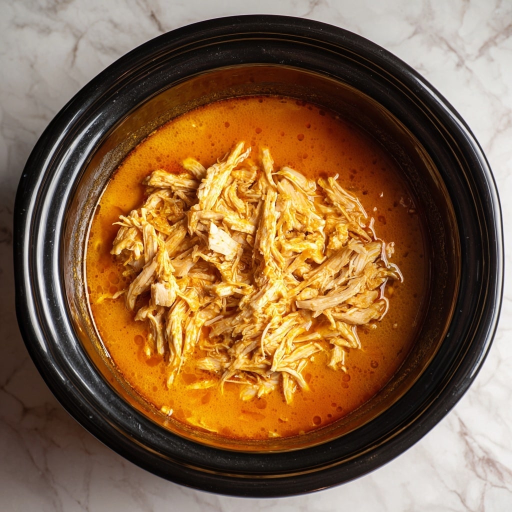 Inside a black slow cooker, there is shredded chicken in a rich orange sauce. The dish shows one main layer of tender light brown shredded chicken mixed with the smooth, slightly thick orange sauce pooling around the edges. The chicken looks soft with visible strands, and the sauce has a glossy texture with some small bubbles. The slow cooker’s dark interior contrasts with the warm colors of the chicken and sauce. The setting is a white marbled texture. photo taken with an iphone --ar 4:5 --v 7