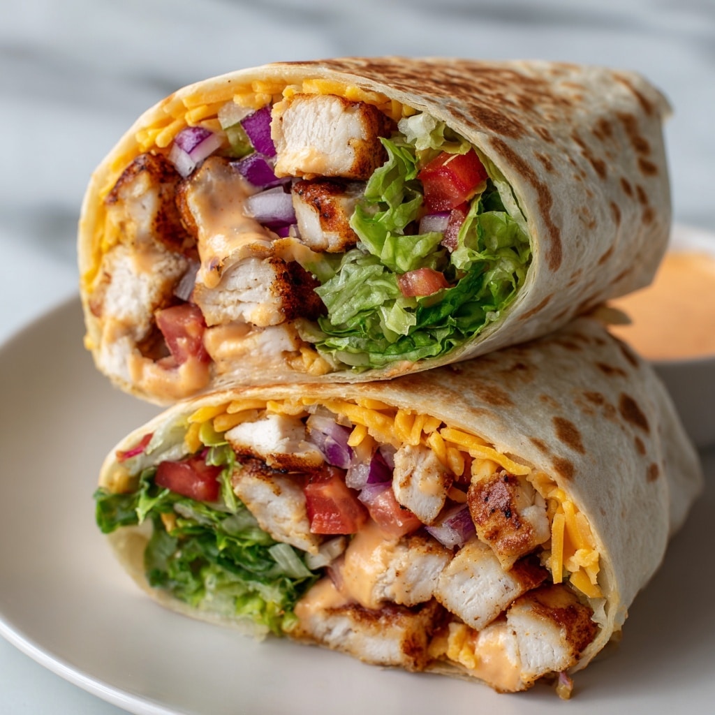 The image shows two halves of a wrap stacked on a white plate against a white marbled background. Each wrap has a soft, slightly browned tortilla holding visible layers inside: pieces of grilled chicken with a light brown outer edge, shredded orange cheese, fresh light green lettuce leaves, diced red tomatoes, and a creamy beige sauce spread throughout. The tortilla wrap is tightly rolled, showing the colorful fillings clearly where it is cut. Photo taken with an iphone --ar 4:5 --v 7