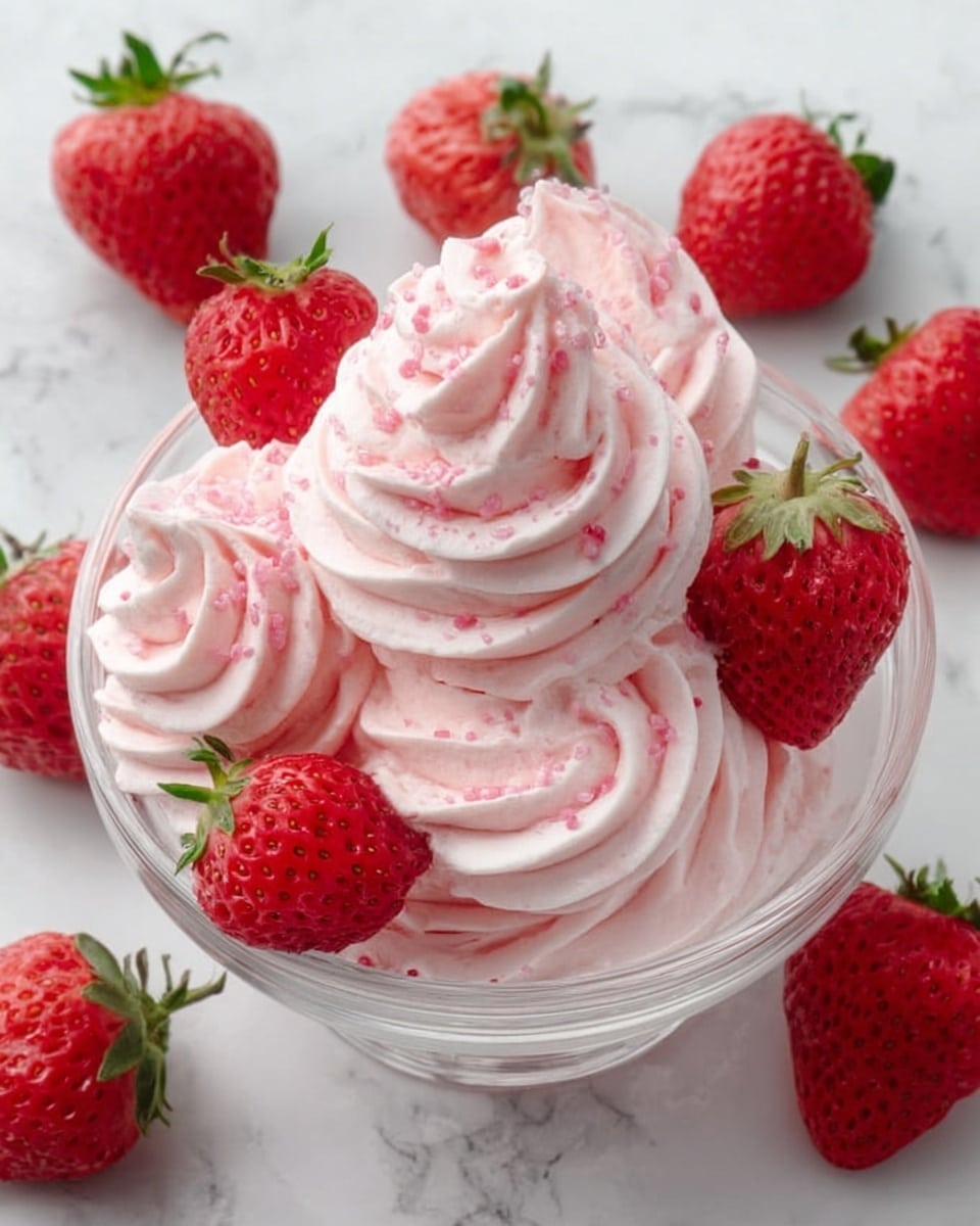 A clear glass bowl filled with soft, pink whipped cream swirled in three thick layers, each layer smooth and fluffy with tiny red specks mixed in. On top, the cream is shaped into a tall spiral peak that looks light and creamy. Fresh, whole strawberries with green leaves are placed on the whipped cream and around the bowl. The bowl sits on a white marbled surface with a blurred light background. photo taken with an iphone --ar 4:5 --v 7
