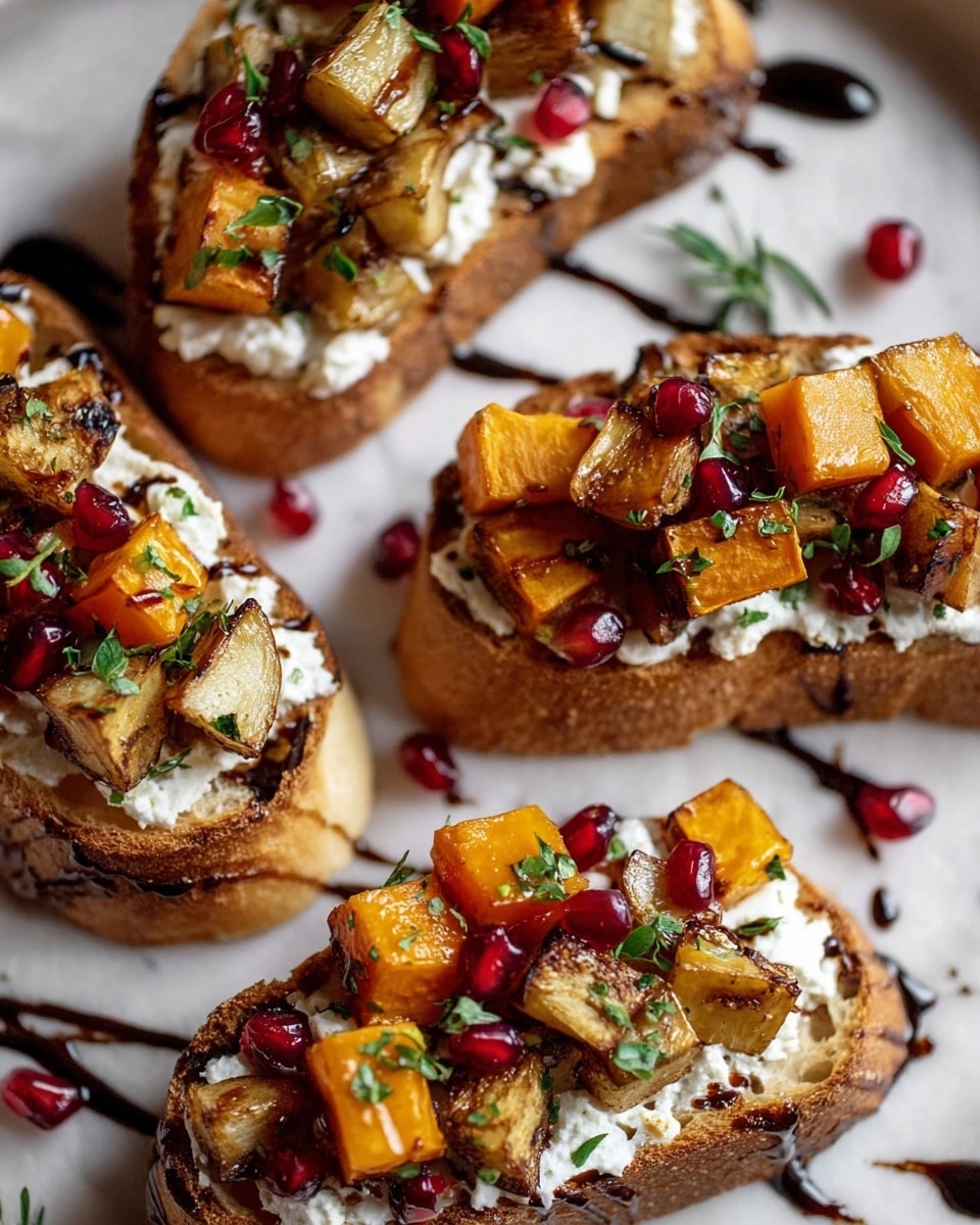 The image shows four pieces of toast on a white marbled surface, each topped with a layer of soft white cheese, followed by small roasted golden-orange squash cubes and light brown roasted potato cubes. Scattered bright red pomegranate seeds add a pop of color, and small green herb leaves are sprinkled on top. A dark brown balsamic glaze is artistically drizzled around the toasts on the surface. The textures range from creamy cheese to crispy bread and roasted vegetables, arranged neatly to create a colorful and inviting look. photo taken with an iphone --ar 4:5 --v 7