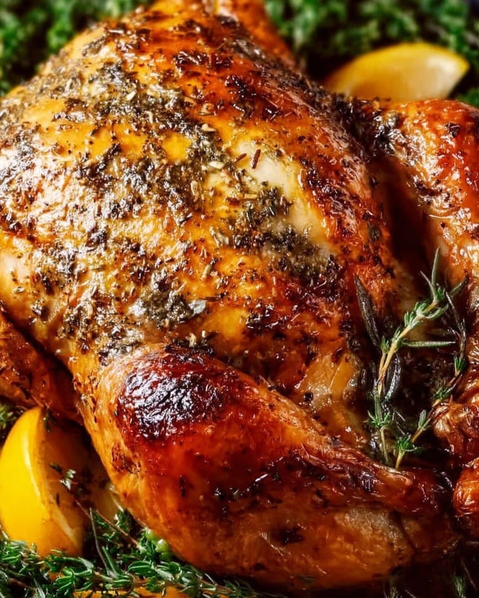 A close-up image of a whole roasted chicken covered with herbs and spices, showing crispy golden-brown skin with some darker roasted spots. The chicken is placed on a bed of green herbs, and there are slices of yellow lemon around it. The textures of the crispy skin and herbs are very clear, emphasizing the juicy and well-cooked look of the chicken. Photo taken with an iphone --ar 4:5 --v 7
