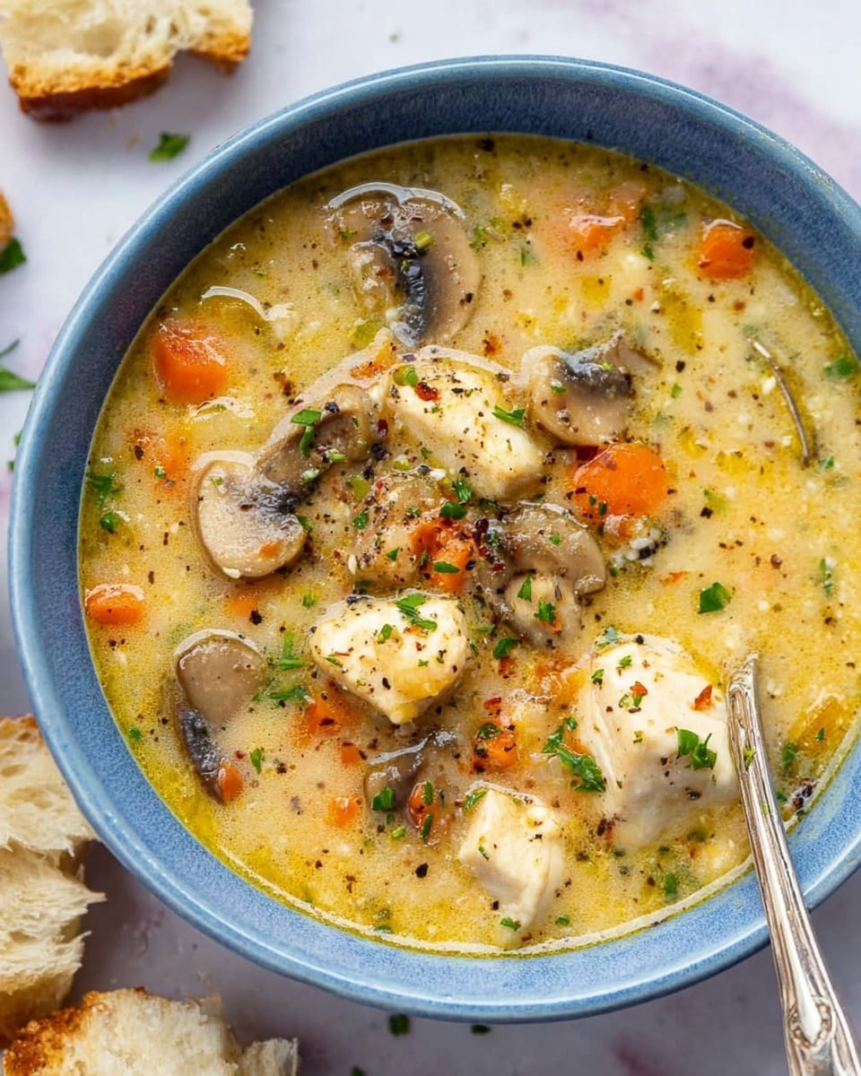 A blue bowl filled with thick, creamy soup showing several layers: at the bottom, a light yellow broth with a slightly grainy texture; floating on top, chunks of white chicken pieces; slices of light brown mushrooms with darker edges scattered evenly; small bits of orange carrots and translucent diced onions mixed; sprinkled all over with bright green chopped herbs and cracked black pepper; a silver spoon resting inside the bowl on the right edge; the bowl sits on a white marbled surface with torn pieces of bread around it. Photo taken with an iphone --ar 4:5 --v 7