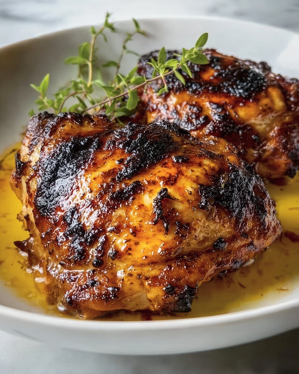 Two large grilled chicken thighs sit in a shallow pool of golden oil on a white bowl. The chicken skin is crispy with dark charred spots and shiny, well-cooked golden brown areas. The surface of the chicken shows a textured, slightly wrinkled look from the grilling. A few small sprigs of fresh green herbs rest behind the chicken, adding a touch of bright color. The background is a white marbled texture. Photo taken with an iphone --ar 4:5 --v 7