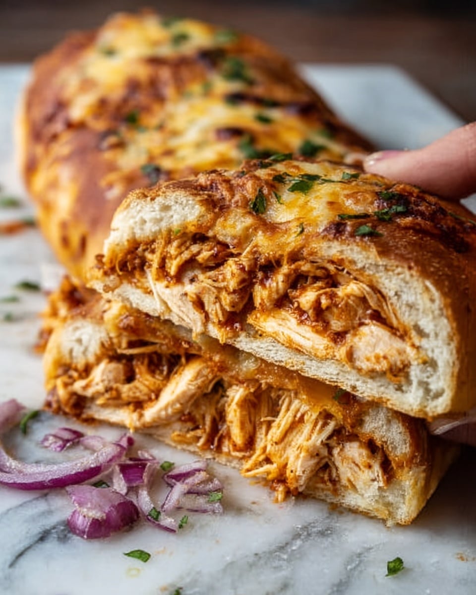 The image shows a close-up of a stuffed bread roll sliced open on a white marbled surface, revealing three visible layers. The outer layer is a golden-brown baked bread crust with a slightly crispy texture. Inside, the middle layer contains shredded cooked chicken mixed with a reddish sauce, adding a juicy and tender look. The top layer inside the bread shows melted cheese with a light yellow color, sprinkled with small green herbs. Some red onion pieces and herbs are scattered on the white marbled surface near the roll. A woman's hand is gently holding one slice of the roll. Photo taken with an iphone --ar 4:5 --v 7