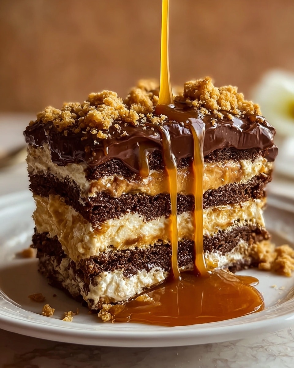 A close-up view of a thick, multi-layered dessert square placed on a white plate, featuring four main layers alternating between crunchy, dark brown cookie-like bases and creamy white fillings. Between these layers, a rich caramel-colored sauce oozes out, creating a smooth, glossy texture dripping slightly down the sides. On top, a glossy dark chocolate layer covers the dessert, partially dripping over the edges, and is generously sprinkled with crumbly, golden brown cookie pieces. The dessert sits on a white marbled surface with a soft focus in the background. photo taken with an iphone --ar 4:5 --v 7