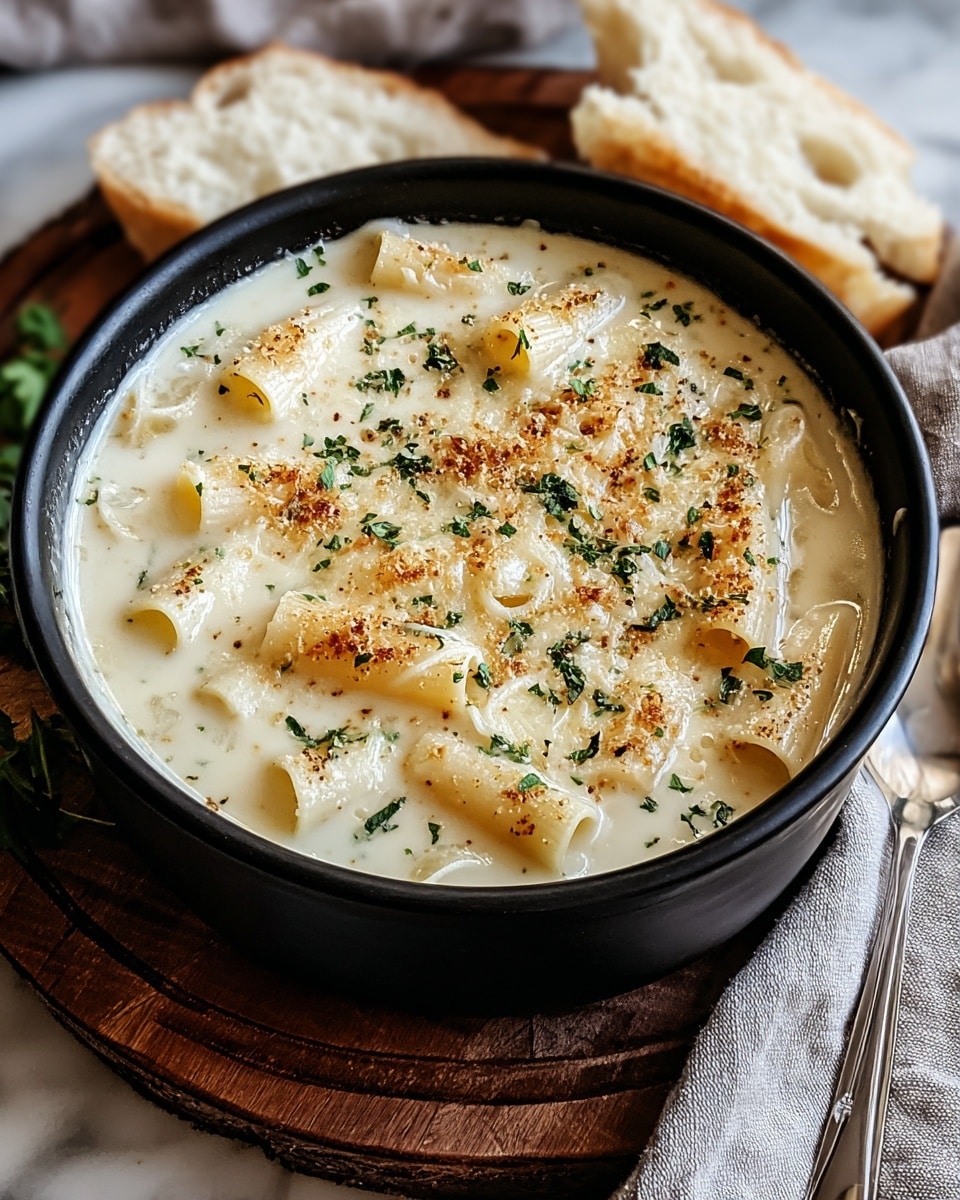 A close-up view of a creamy dish in a white bowl filled with small pasta tubes covered in a thick, pale yellow sauce. The sauce looks smooth and rich, with a sprinkling of browned breadcrumbs and chopped green herbs on top, adding texture and color contrast. The bowl sits on a white marbled surface with some pieces of bread and greenery blurred softly in the background. The pasta is partially submerged and scattered evenly throughout the sauce, giving a comforting and warm feel to the dish. photo taken with an iphone --ar 4:5 --v 7