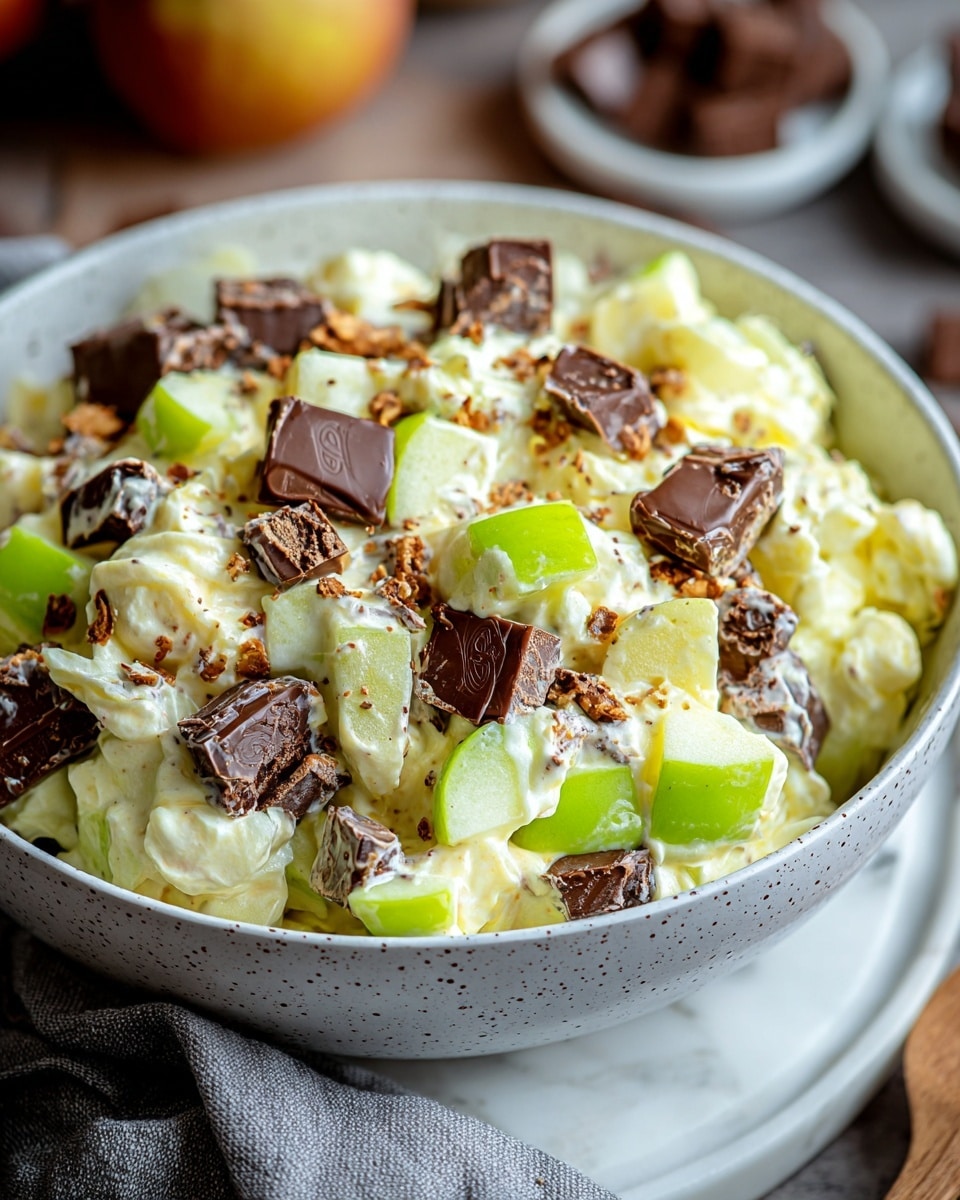 The image shows a white bowl filled with a creamy salad composed of several layers. The base layer is a thick white cream mixed with chunks of white apple pieces with green skin. Scattered throughout the cream and apples are medium-sized, square dark brown chocolate pieces. On top and mixed in between are crunchy golden-brown cereal flakes adding texture and color contrast. The bowl is set on a soft gray cloth on a white marbled surface with slightly blurred green apples in the background. Photo taken with an iphone --ar 4:5 --v 7