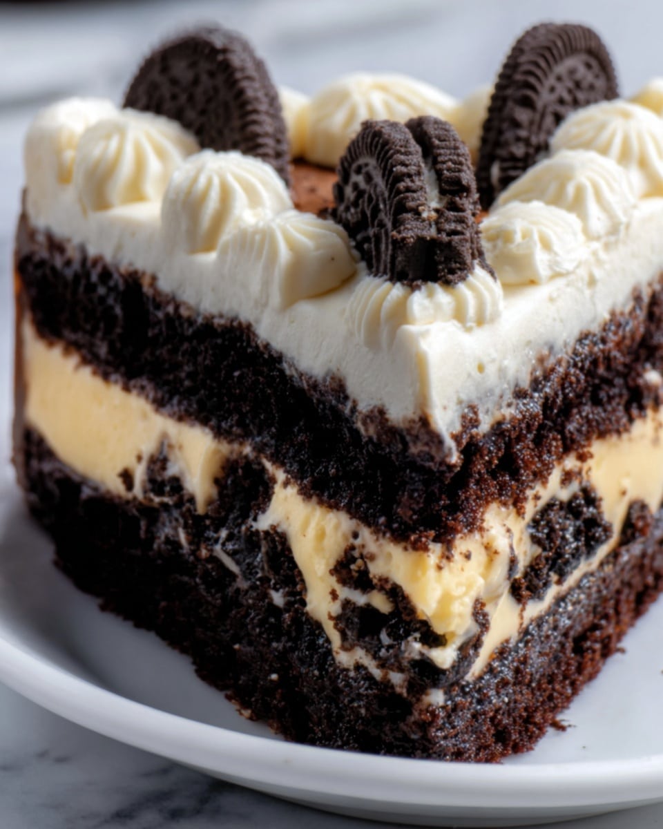 The image shows a close-up of a slice of chocolate cake with three layers. The bottom and top layers are dark brown and look soft and moist. The middle layer is thick and creamy, light yellow in color, with bits of chocolate cookies mixed inside. The top of the cake is decorated with small dollops of pale cream and topped with broken mini chocolate cookies. The cake slice is placed on a white plate with a white marbled background. Photo taken with an iphone --ar 4:5 --v 7