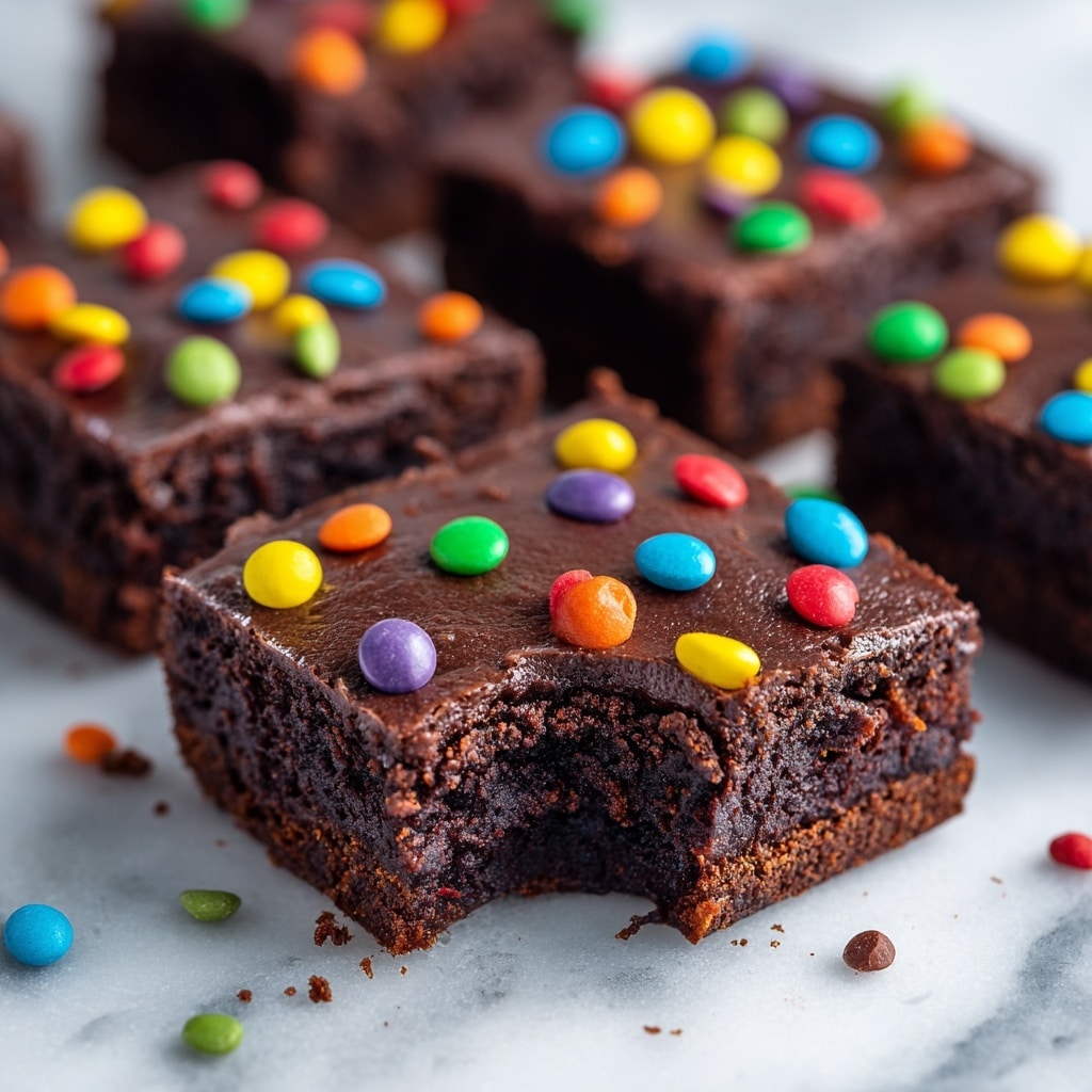 The image shows several square pieces of chocolate fudge with a smooth, dark brown top layer, each decorated with colorful small candy drops in red, yellow, green, blue, purple, and orange, scattered randomly on the surface. The fudge pieces are arranged on a white marbled texture, with one piece having a bite taken out of it, revealing a dense, slightly crumbly texture inside that matches the dark brown of the top layer. Around the fudge squares, more colorful candy drops are scattered freely, adding bright spots of color to the scene. photo taken with an iphone --ar 4:5 --v 7