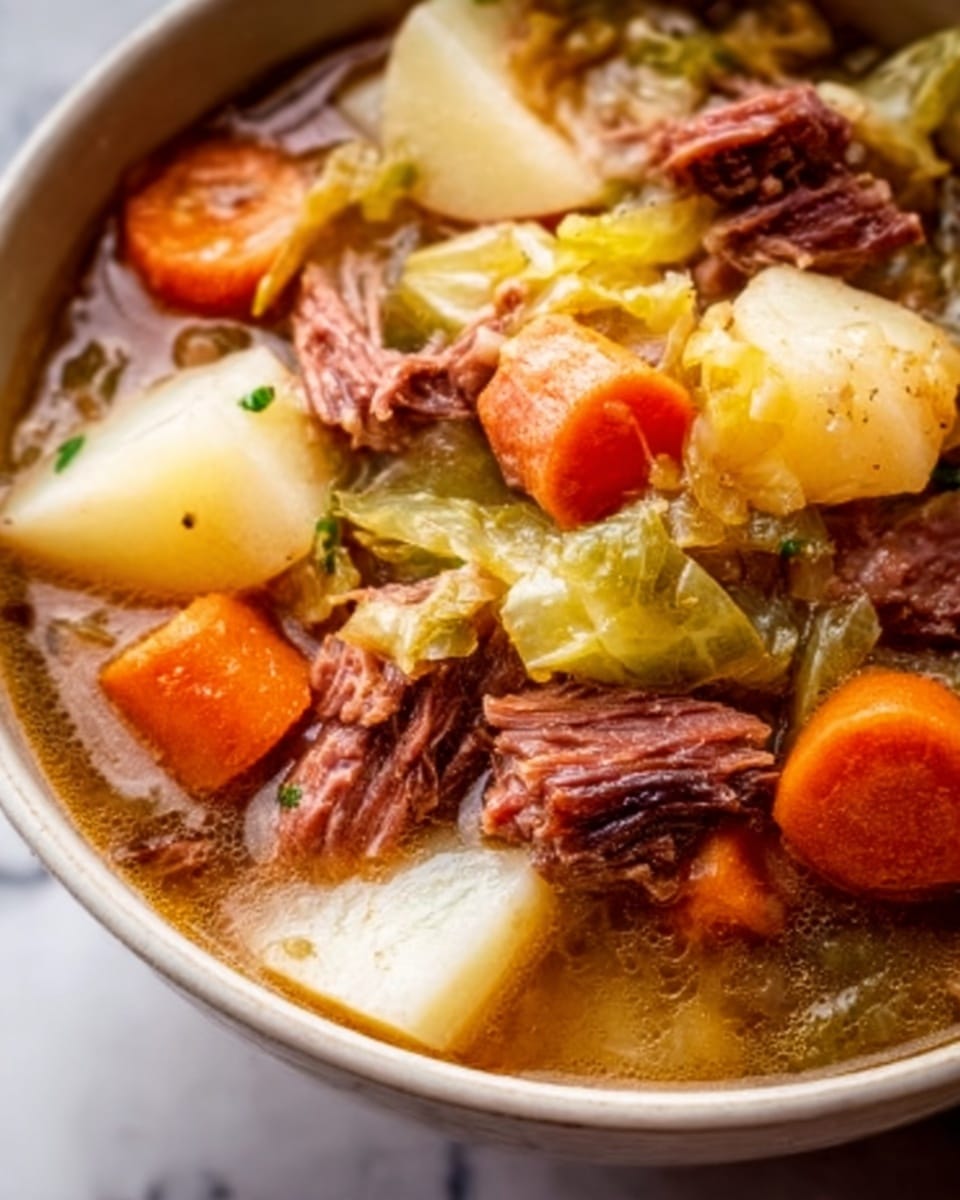 A close-up image of a bowl filled with a rich stew showing three layers: at the bottom, white potato chunks with smooth texture; in the middle, bright orange carrot slices with slight gloss; on top, thick pieces of tender, shredded meat colored dark brown with a fibrous texture, mixed with soft, translucent green cabbage pieces, all sitting in a light brown broth. The bowl is white, placed on a white marbled texture surface. photo taken with an iphone --ar 4:5 --v 7
