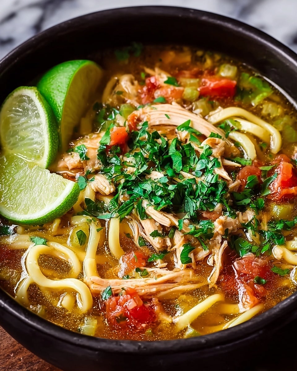 This image shows a bowl filled with a layered chicken noodle soup. The bottom layer is light yellow noodles with a smooth, slightly wet texture, winding around the bowl. Above it are shredded pieces of cooked chicken with a pale brown color and fibrous texture. Scattered throughout are chunks of red tomatoes and small diced green celery pieces. The soup broth is clear brownish-yellow, filling the bowl almost to the top. On top, there is a generous sprinkle of chopped fresh green herbs, adding a vibrant contrast. Two slices of bright green lime rest on the soup edge. The bowl is black and sits on a white marbled surface. Photo taken with an iphone --ar 4:5 --v 7