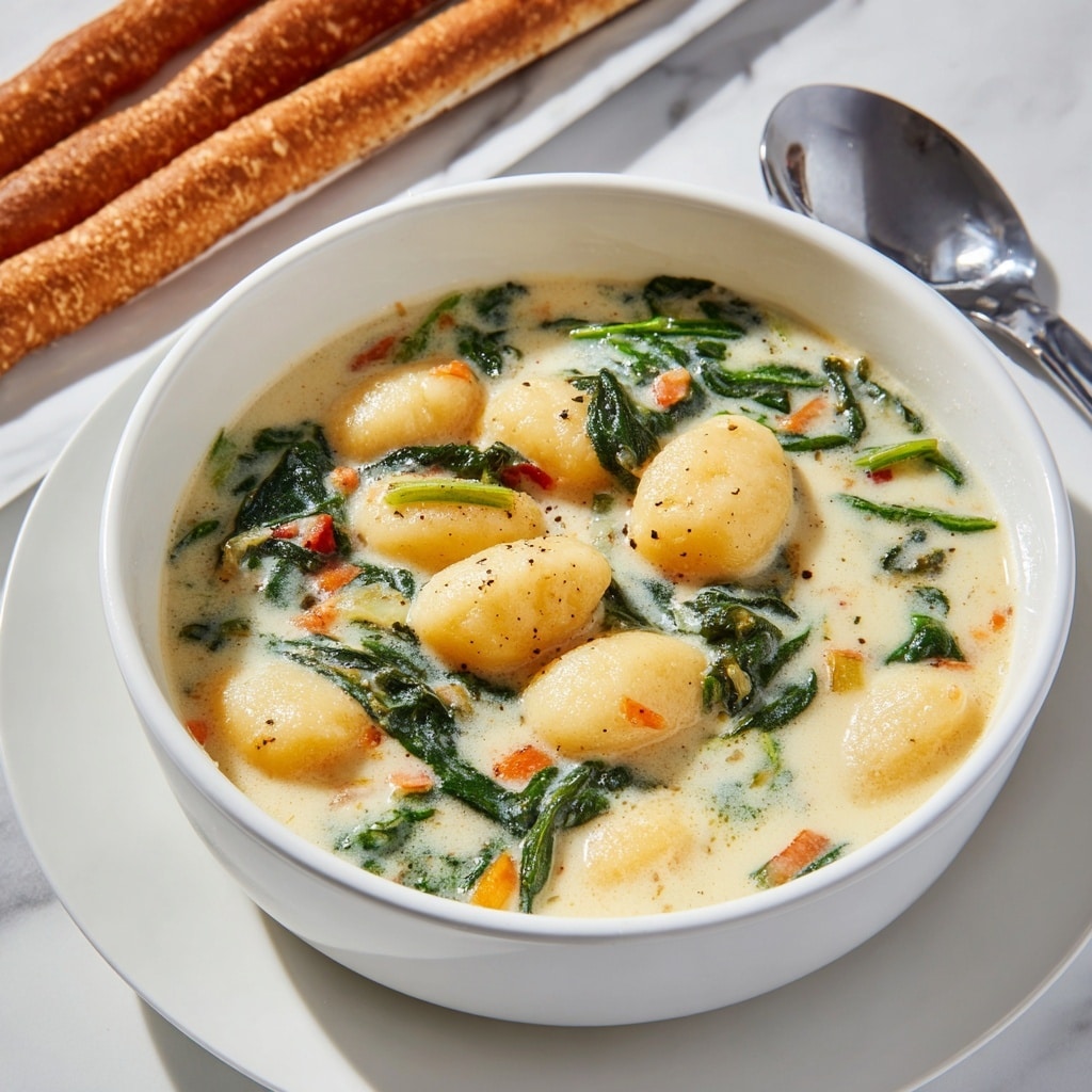 A white bowl filled with creamy soup that has soft, round gnocchi pieces and leafy green spinach mixed throughout the thick off-white broth, speckled with tiny orange and green bits of vegetables and herbs. The gnocchi are plump and slightly shiny, sitting near the surface while the spinach leaves look tender and wilted. Behind the bowl, there are two long golden-brown breadsticks lying on a white plate, and a metal spoon is placed nearby. The scene is set on a white marbled surface, creating a clean and bright background. Photo taken with an iphone --ar 4:5 --v 7