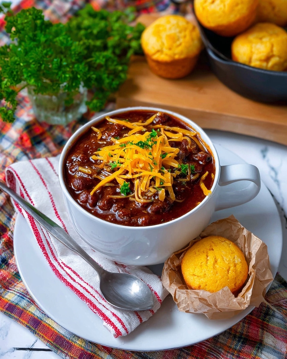 A white bowl filled with thick, dark red chili that has visible kidney beans and browned meat, topped with shredded yellow cheese and small green parsley leaves, sits on a white plate with a red and white striped napkin under it; next to the bowl on the plate is a golden-brown muffin wrapped in light brown paper, with more golden muffins in similar paper liners placed in a black skillet in the background, all arranged on a white marbled surface with a colorful plaid cloth partly under everything, and a shiny silver spoon resting on the plate photo taken with an iphone --ar 4:5 --v 7