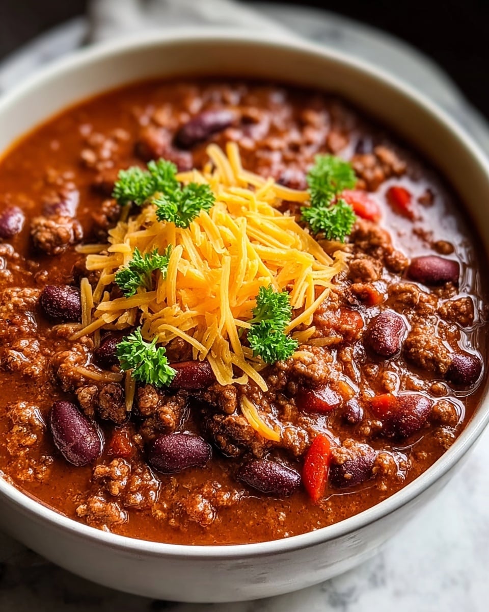 A close-up view of a bowl of chili showing three layers: the first layer is the chili itself, with a thick, rich brownish-red sauce filled with chunks of ground meat, dark red kidney beans, and small pieces of red bell pepper evenly mixed throughout, creating a hearty texture. The second layer on top is a sprinkle of shredded yellow cheddar cheese, thin and scattered lightly across the middle, starting to melt into the chili. The final layer is a few sprigs of fresh green parsley placed on the cheese for color contrast. The chili is served in a white bowl on a white marbled surface, and the lighting highlights the warmth and texture of the dish. Photo taken with an iphone --ar 4:5 --v 7
