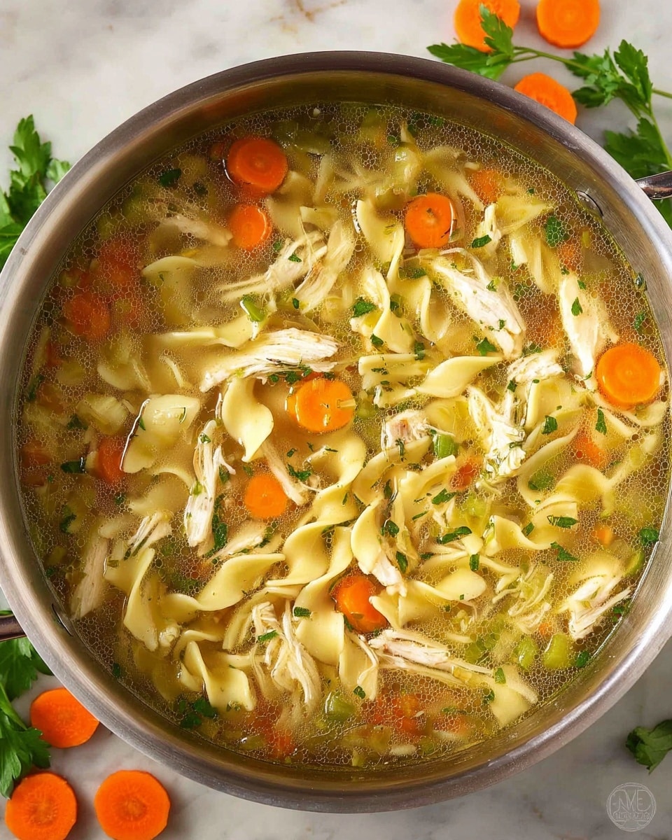 The image shows a clear soup in a silver pot with visible layers of ingredients floating in the broth. The broth is light brown and translucent with small bits of green herbs scattered throughout. There are wide, twisted egg noodles that are pale yellow, soft textured celery pieces that are light green, shredded chicken pieces that are off-white, and round slices of cooked carrots which are bright orange. The soup is full with these ingredients spread evenly within the broth, capturing a homemade and wholesome look. The pot sits on a white marbled surface with a few carrot slices and celery leaves placed around it as garnish. Photo taken with an iphone --ar 4:5 --v 7