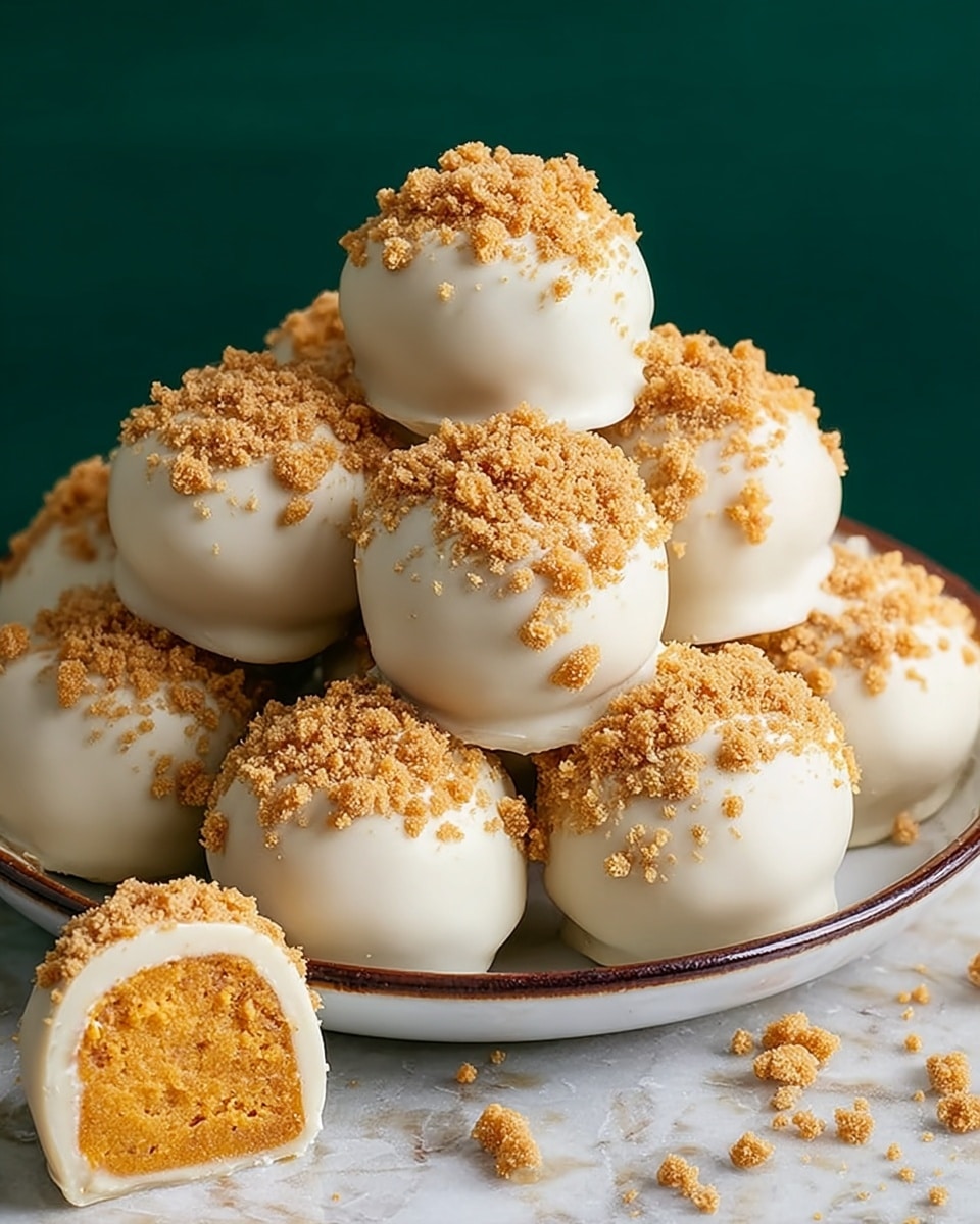 A pile of small round treats coated in smooth white chocolate, each topped with a crumbly, light brown and orange sprinkle mix, sits on a simple white plate. One treat is cut in half at the front, showing a thick, dense, golden-orange inner layer contrasting with the white outer shell. The plate is placed on a surface with white marbled texture, and the background is a solid green color. The treats are stacked in layers, with the sprinkles scattered on top and around the base, creating a textured and inviting look. Photo taken with an iphone --ar 4:5 --v 7