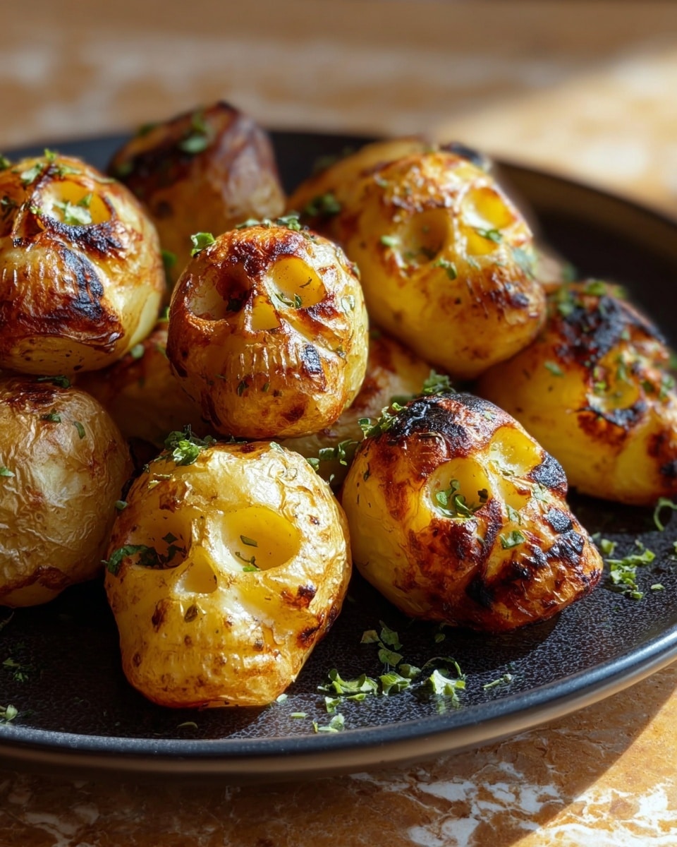The image shows a close-up of a black plate filled with golden-brown roasted potatoes shaped like skulls, each with detailed eye sockets, nose cavities, and mouths carved out. The potatoes have a crispy, slightly burnt texture on the outside with a shiny glaze and are sprinkled with finely chopped green herbs. Some small sprigs of rosemary lie on the plate around the potatoes, adding extra color and freshness. The background is a soft blur with warm tones, focusing fully on the textured potatoes. Photo taken with an iphone --ar 4:5 --v 7