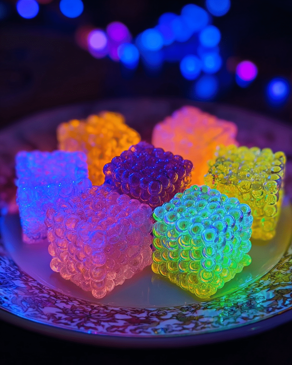 A close-up image of eight small cube-shaped sweets arranged in a circular pattern on a white plate with an intricate floral pattern. Each cube has a bumpy texture made of tiny round beads. The cubes glow in different vibrant colors: purple, blue, green, yellow, and pink, giving a luminous, almost translucent look. The vivid colors blend softly into one another, creating a glowing rainbow effect on the sweets. The background is dark with blurred blue and purple lights that add a magical feeling to the image. photo taken with an iphone --ar 4:5 --v 7