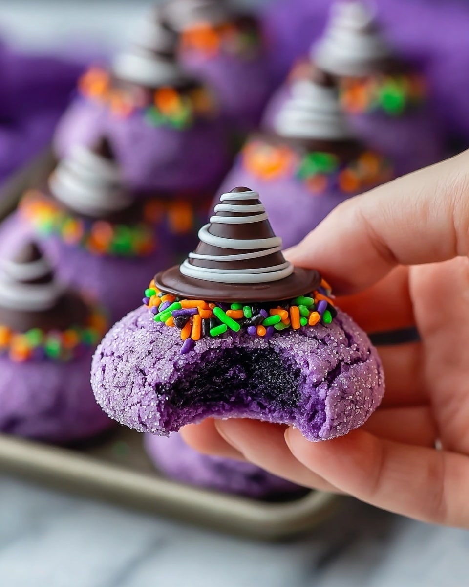 A close-up image of a purple cookie held by a woman's hand, with a bite taken out to show its soft and crumbly texture inside. The cookie is coated with purple sugar crystals and topped with a small chocolate piece shaped like a witch's hat, decorated with white stripes. Around the base of the hat, there is a ring of tiny colorful sprinkles in green, orange, black, and purple. In the blurry background, more similar cookies are stacked on a baking tray on a white marbled surface. photo taken with an iphone --ar 4:5 --v 7