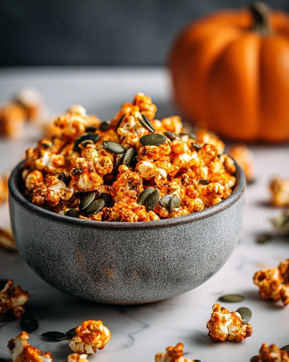 A white bowl filled with many pieces of orange-coated popcorn mixed with dark green pumpkin seeds, the popcorn has a shiny, slightly sticky texture with some white parts visible beneath the coating. The bowl sits on a white marbled surface, and in the blurred background, there is an orange pumpkin adding a soft autumn feel. Some pieces of popcorn are scattered around the bowl. photo taken with an iphone --ar 4:5 --v 7
