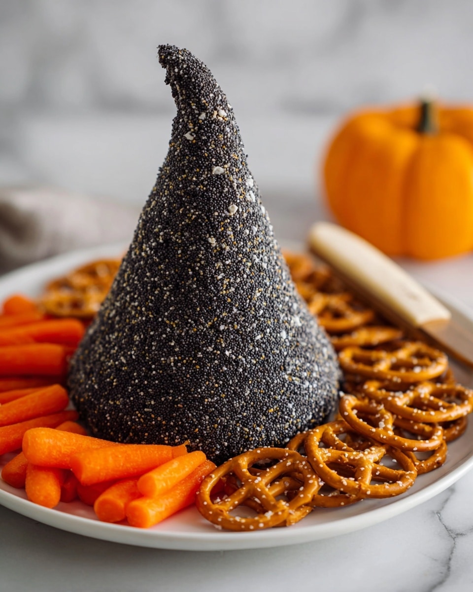 A white plate sits on a white marbled surface holding a witch hat-shaped cheese ball covered in tiny black poppy seeds, giving it a rough, textured look. The cheese ball is tall and pointed, with a slightly curved tip. Around the base of the cheese ball is a layer of small orange baby carrots neatly lined up on one side, and a border of golden-brown pretzels with salt crystals on the other, creating a balanced circle. A small cheese spreader knife rests at the back of the plate, its wooden handle and metal blade visible. In the soft-focused background, there is a small orange pumpkin. photo taken with an iphone --ar 4:5 --v 7