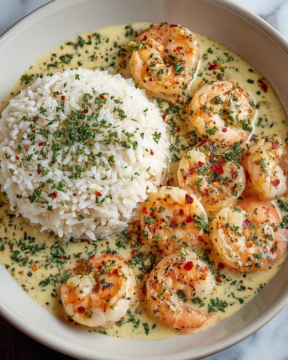 A dish in a white bowl showing two main parts: on the left is a mound of fluffy white rice with bits of green parsley on top, and on the right are ten cooked shrimp in a creamy pale yellow sauce sprinkled with chopped green herbs, black pepper, and red chili flakes; the shrimp are pinkish-orange with white accents, and the sauce surrounds them, giving a rich and textured look, all set on a white marbled surface. photo taken with an iphone --ar 4:5 --v 7