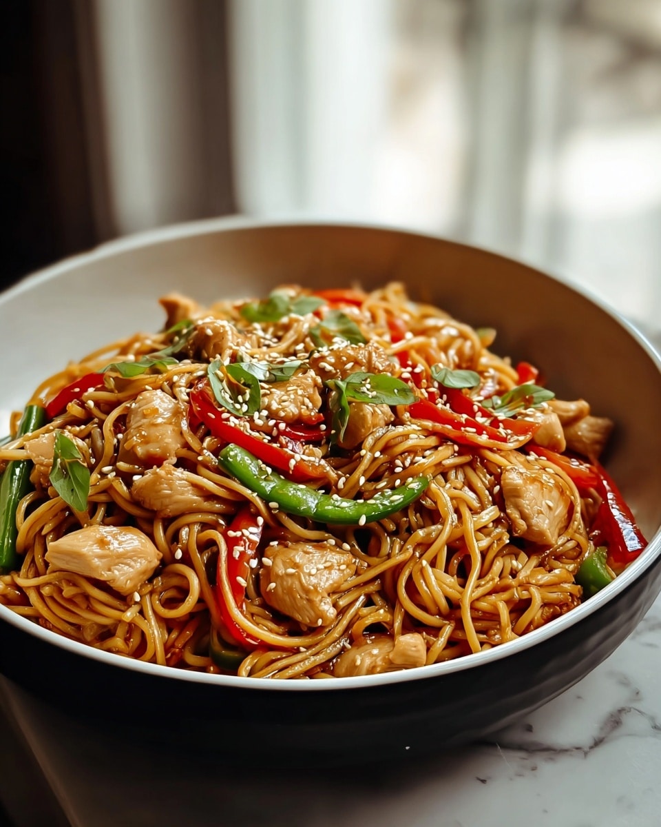 The dish is a close-up of stir-fried noodles mixed with chunks of cooked chicken, placed in a round white bowl. The noodles are golden brown and glossy from the sauce, forming the main layer that fills the bowl. Mixed in are bright green snap peas and red bell pepper strips, scattered evenly throughout the noodles. The chicken pieces are tender and light brown, sitting on top and within the noodles. The dish is topped with a sprinkle of white sesame seeds and small green herb leaves, adding texture and color contrast. The bowl rests on a white marbled surface with soft natural light coming through a window in the background. photo taken with an iphone --ar 4:5 --v 7