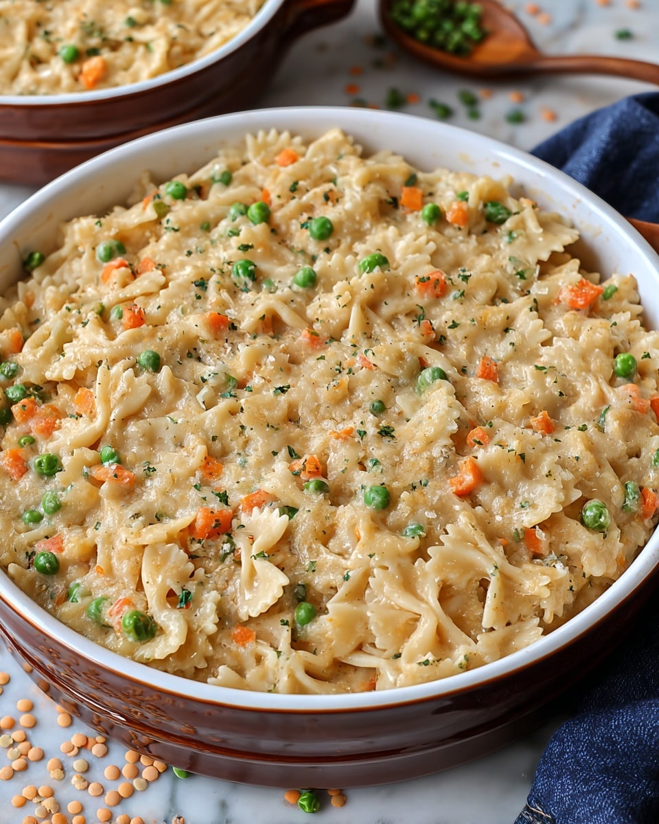 A deep round white ceramic dish filled with a thick creamy pasta casserole, showing about two layers of small bowtie pasta mixed in a light beige sauce, dotted evenly with small round green peas and small diced orange carrots, the top surface slightly textured with the pasta shapes and scattered vegetables visible, sitting on a white marbled surface with some dried lentils and split peas around it, another similar smaller dish partially visible in the background, photo taken with an iphone --ar 4:5 --v 7