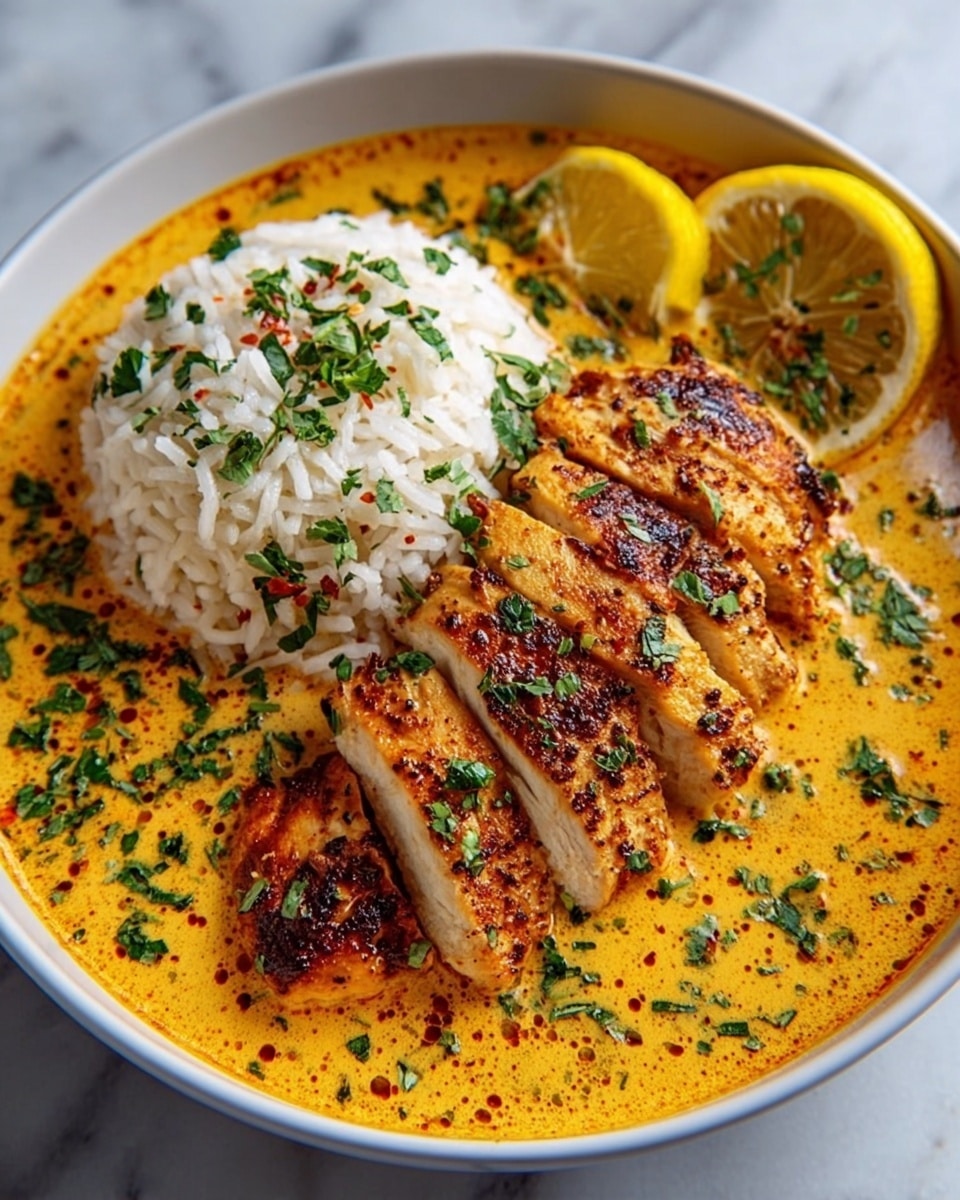 The image shows a white round plate with grilled chicken pieces covered in a thick, creamy orange sauce sprinkled with green herbs, placed on the left side. Next to the chicken, on the right side, there is a fluffy white rice mound garnished with a few small green herb pieces and tiny red chili flakes. Two lemon slices sit on the top edge of the plate, partly resting on the chicken. The plate is set on a white marbled surface. photo taken with an iphone --ar 4:5 --v 7