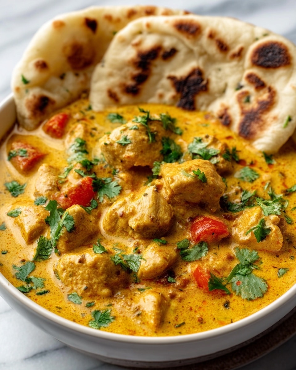A white bowl filled with creamy yellow curry containing chunks of chicken. The curry shows a rich texture with visible herbs and spices mixed in, topped with fresh green cilantro leaves. To one side of the bowl, there are two pieces of flatbread, slightly browned and soft-looking, resting gently against the curry. The background is a white marbled texture. Photo taken with an iphone --ar 4:5 --v 7