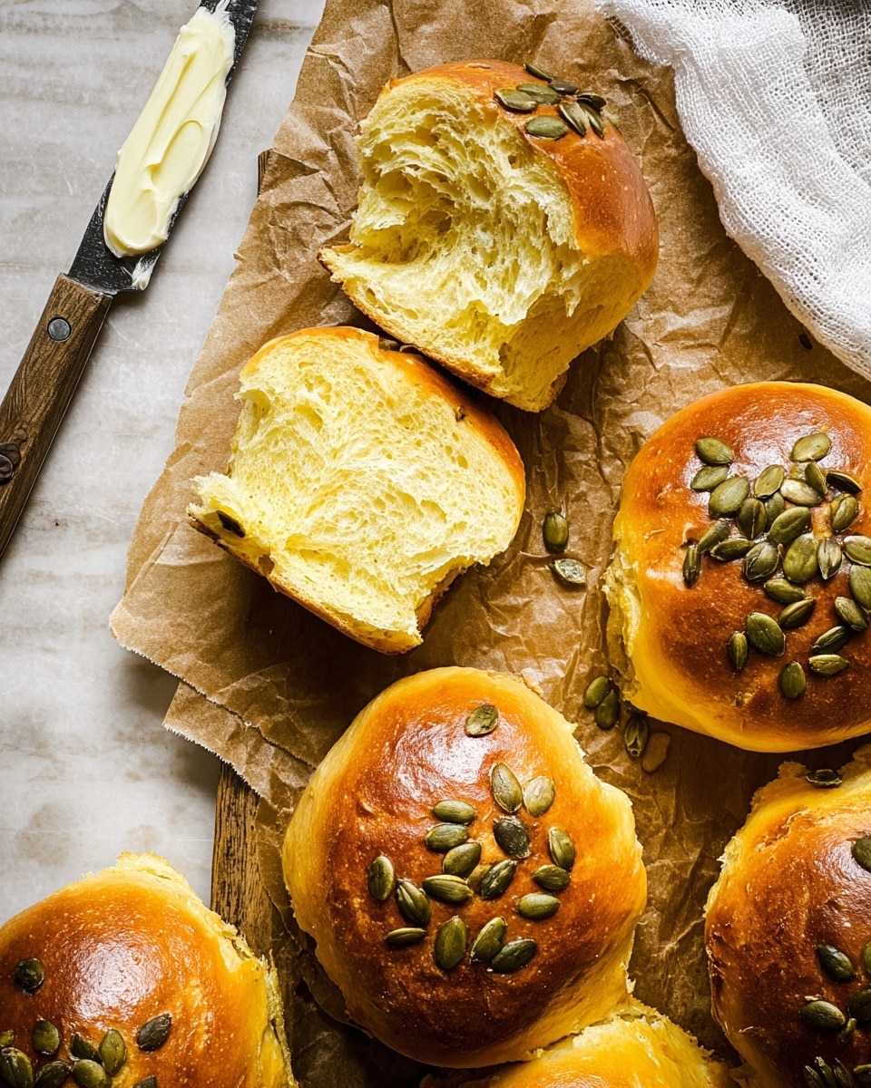 The image shows several golden-brown bread rolls topped with green pumpkin seeds, placed on a piece of brown parchment paper over a white marbled surface. One roll is torn open at the top center, revealing a fluffy, airy yellow inside with a soft texture. A butter spread knife with white butter sits nearby on the left, and a white cloth is partially visible in the top right corner. The bread's crust is shiny and smooth, contrasting nicely with the soft inner crumb. Photo taken with an iphone --ar 4:5 --v 7