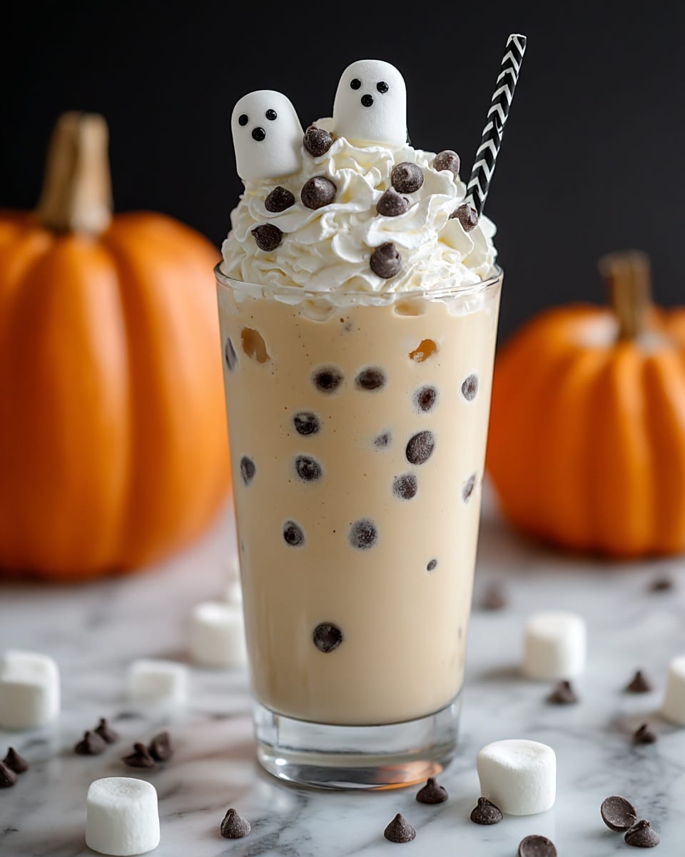 A tall clear glass filled with a creamy yellow drink that has small dark chocolate chips spread throughout inside and outside the glass. On top, there is a thick layer of white whipped cream decorated with more chocolate chips and two large marshmallows shaped like ghosts, each with two black candy eyes and one small black candy mouth. A black and white striped straw is placed at the back among the whipped cream. The drink stands on a white marbled surface with scattered chocolate chips and small ghost-shaped marshmallows around it. Two large orange pumpkins are blurred in the dark background. photo taken with an iphone --ar 4:5 --v 7