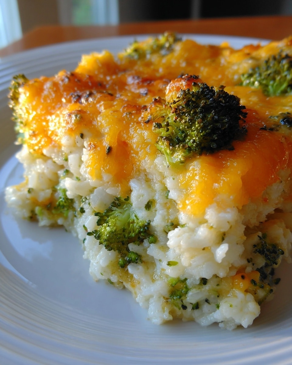 The image shows a close-up of a baked broccoli and cheese casserole on a white plate with ridged edges. There are two main layers visible: the bottom layer is creamy white rice mixed with small bright green broccoli florets, while the top layer is a thick, bubbly golden-orange melted cheese covering the broccoli and rice with some browned spots. The texture looks soft and moist with slightly crispy areas on the cheese. The white marbled texture under the plate is softly blurred in the background. photo taken with an iphone --ar 4:5 --v 7