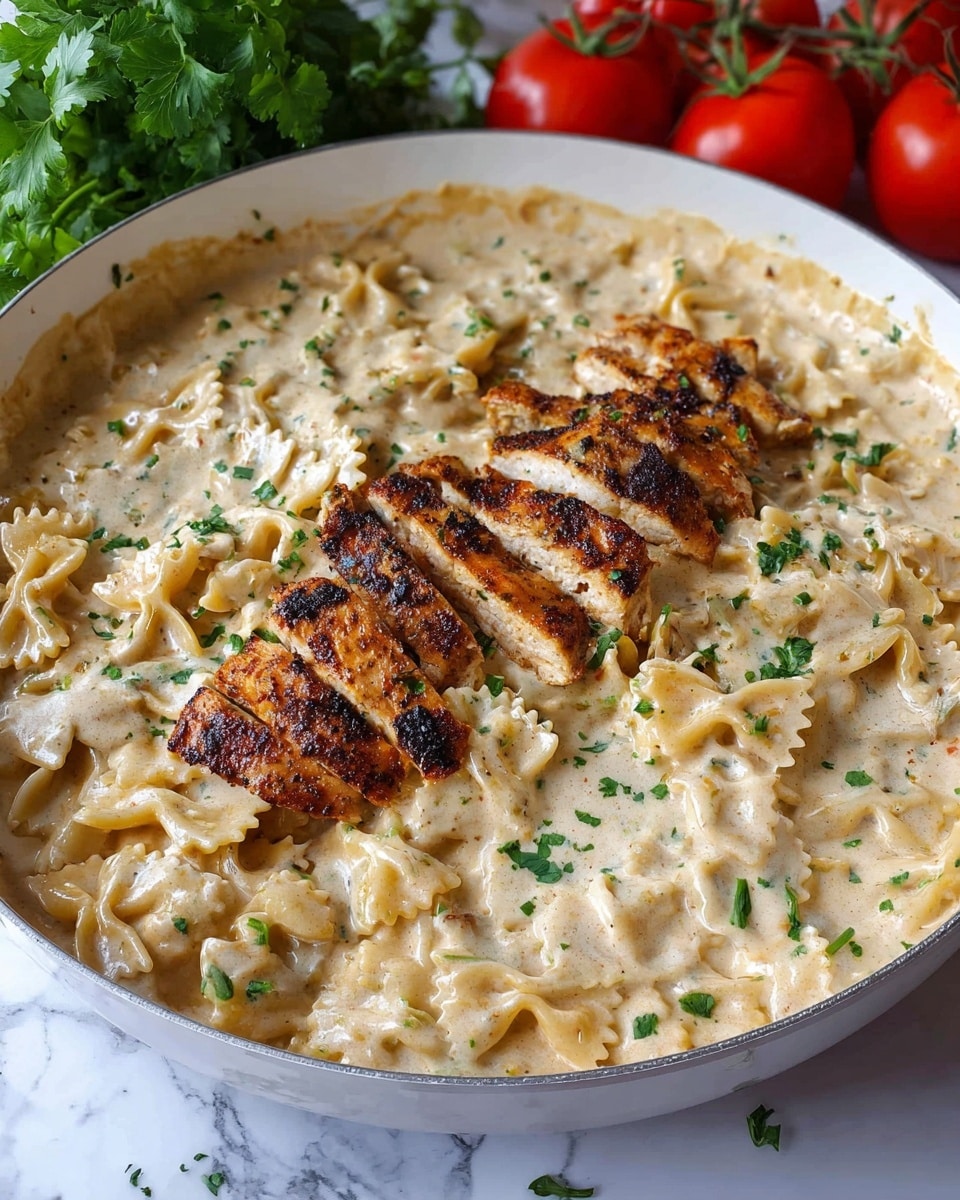 A close-up view of a white pan filled with creamy pasta made with farfalle noodles, covered in a thick light beige sauce with black pepper and herb specks. Mixed throughout are pieces of grilled chicken with a golden brown, slightly charred texture. Small green herb leaves are scattered on top. The pan sits on a white marbled surface with blurred red tomatoes in the background. photo taken with an iphone --ar 4:5 --v 7